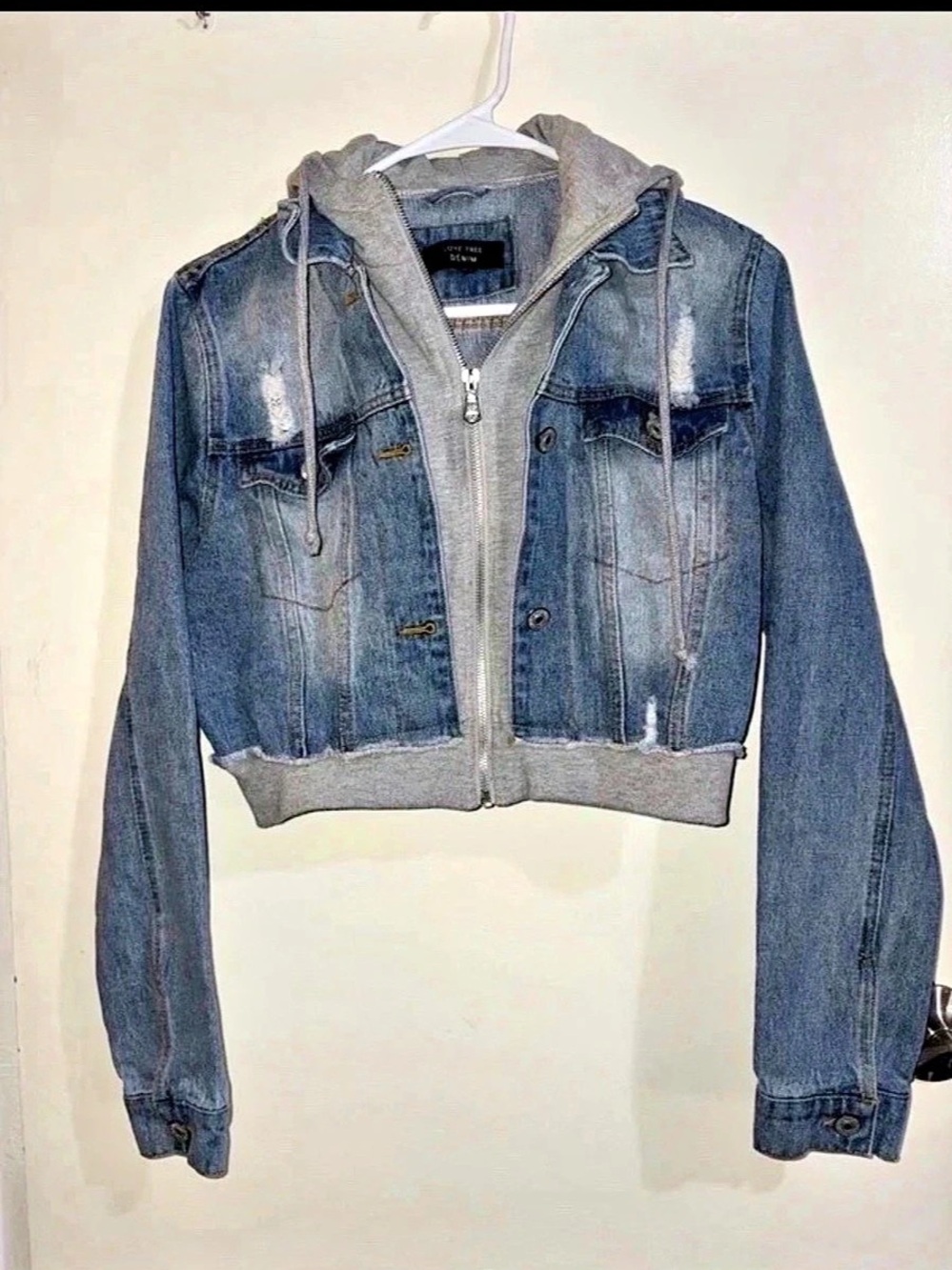 Love Tree Women's Denim Jacket with Hood in Blue & Gray